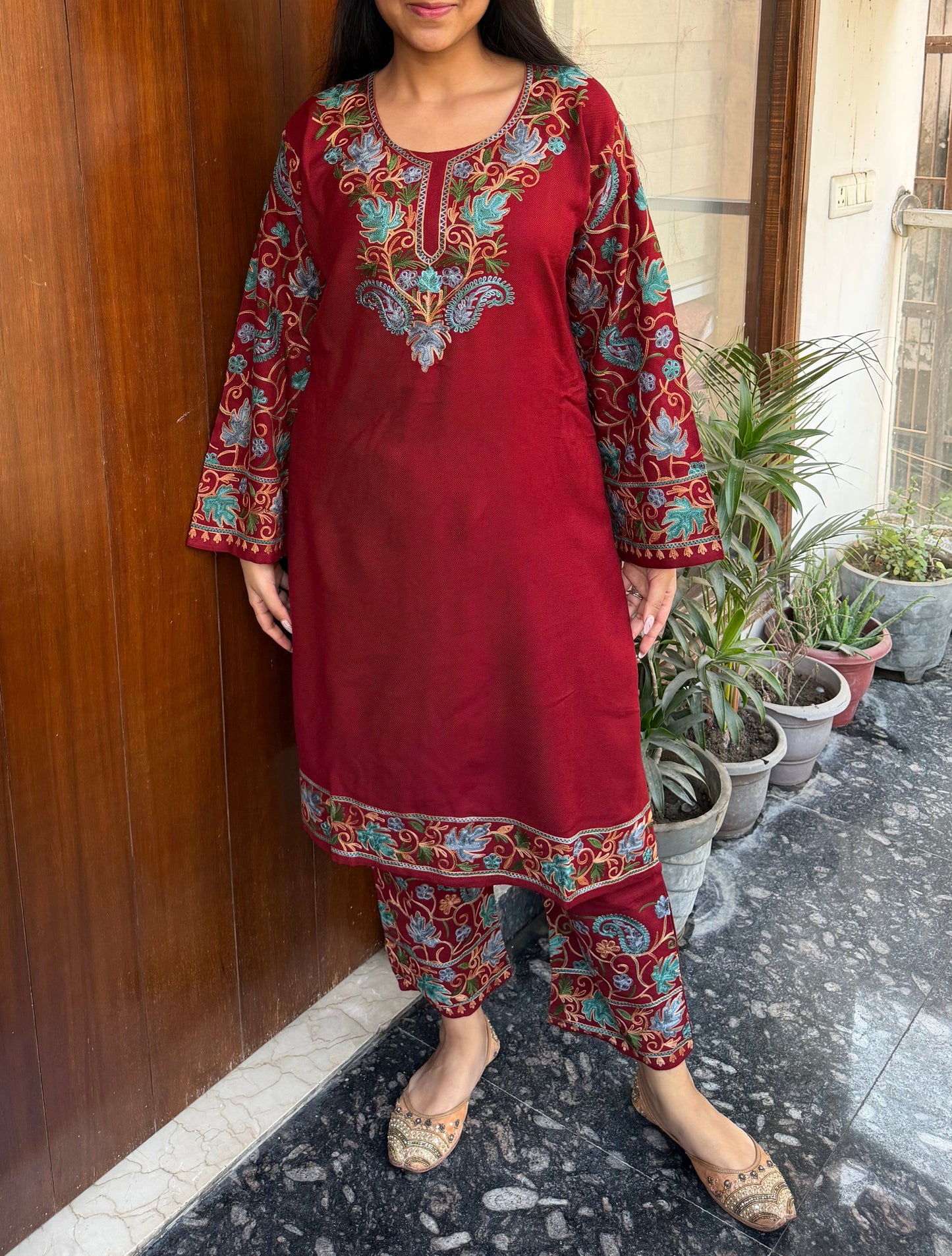 Pure wool hand embroidered aari work designer coord set