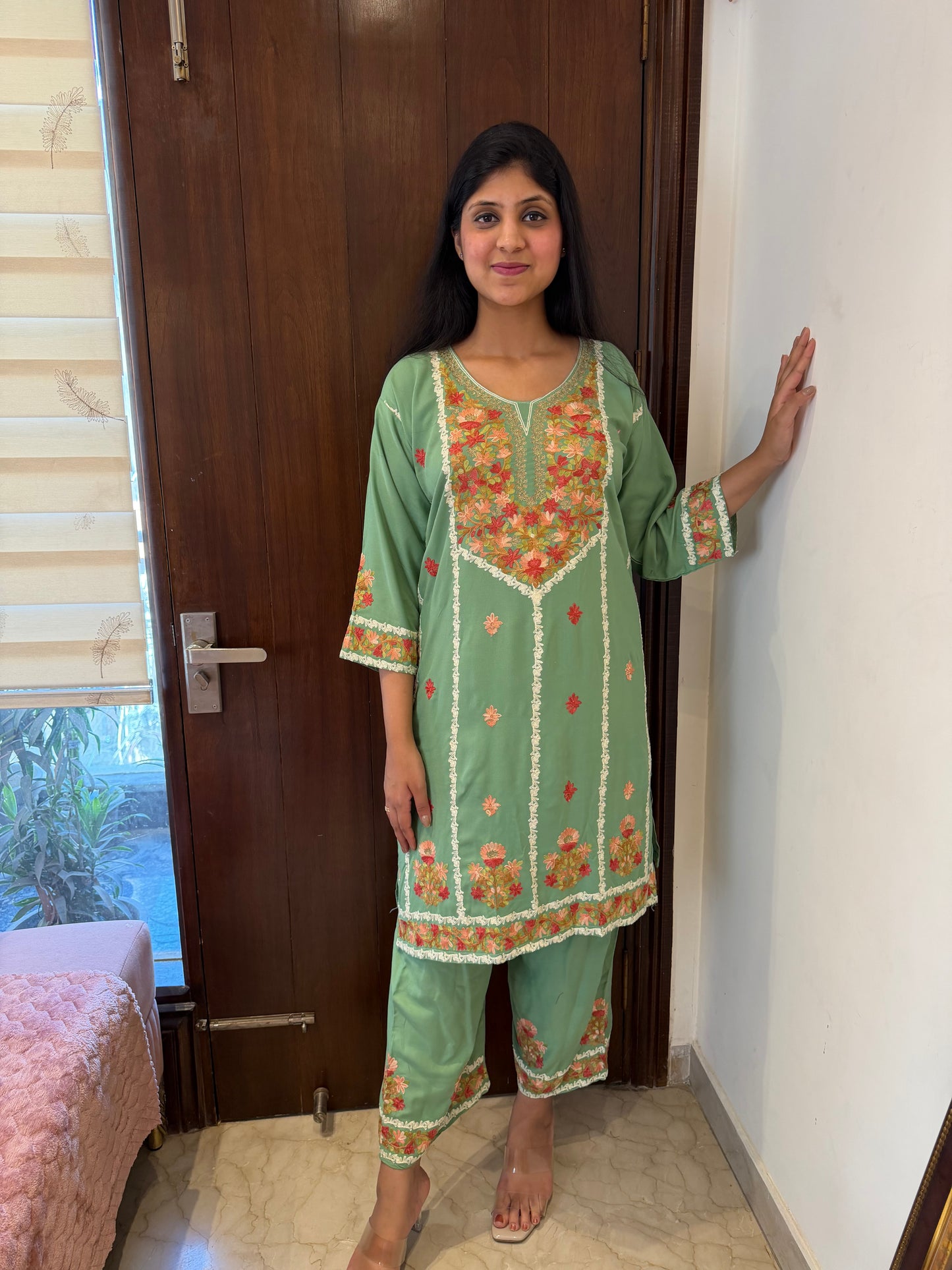 Designer Aari Embroidered Suit Set for Women – 3 Piece Kurta, Pant & Dupatta