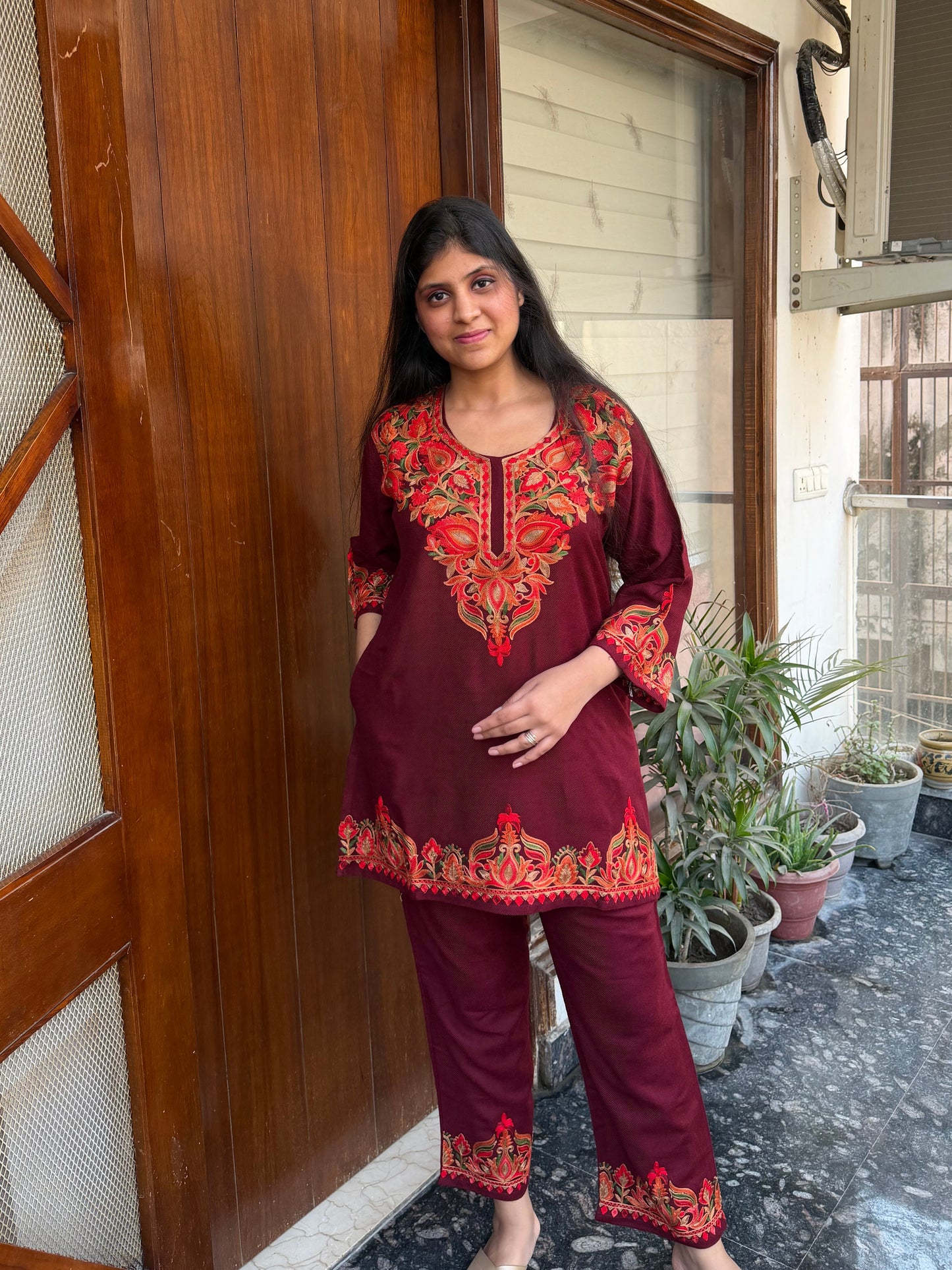 Pure wool hand embroidered aari work designer coord set