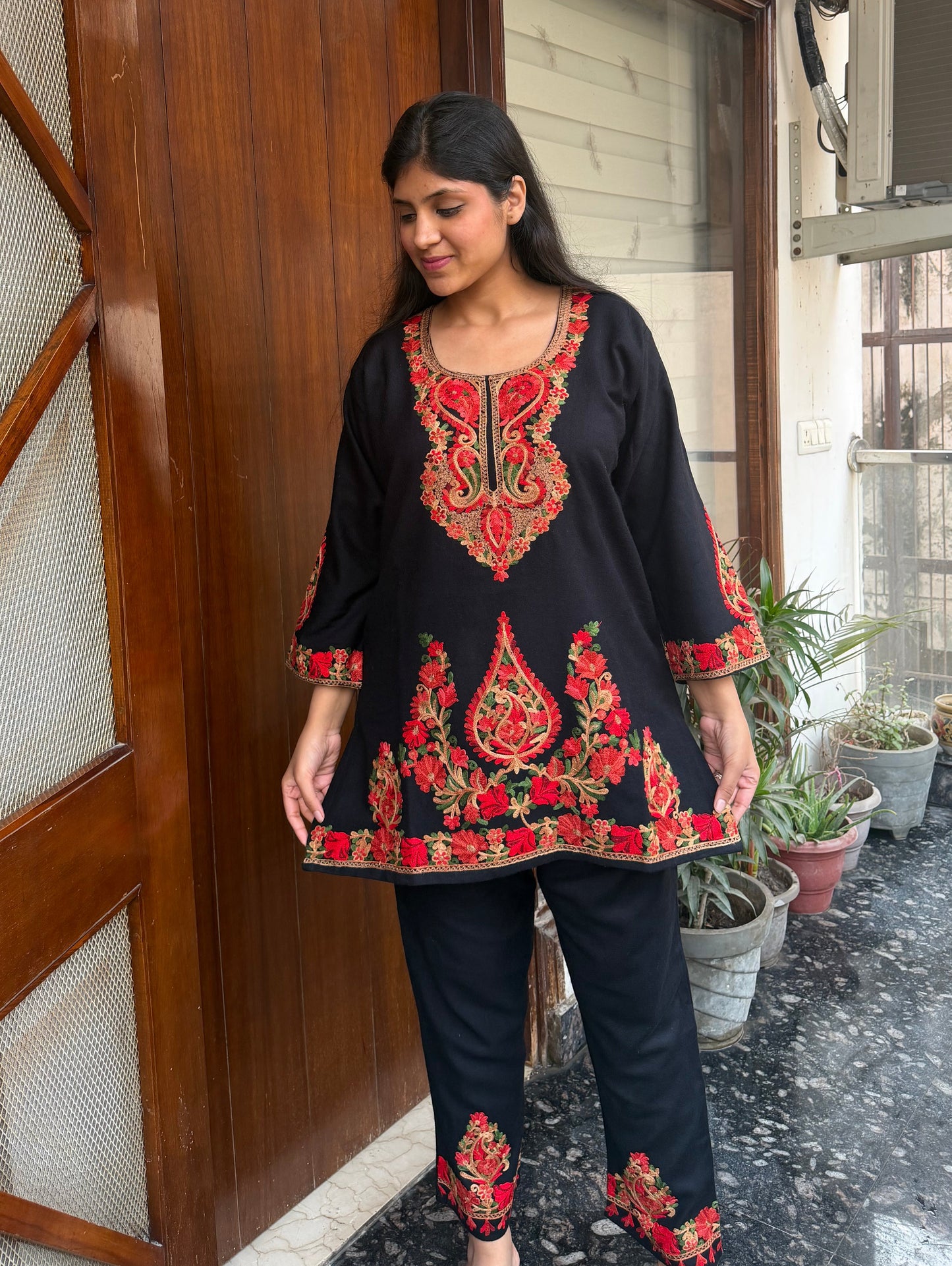 Pure wool hand embroidered aari work designer coord set