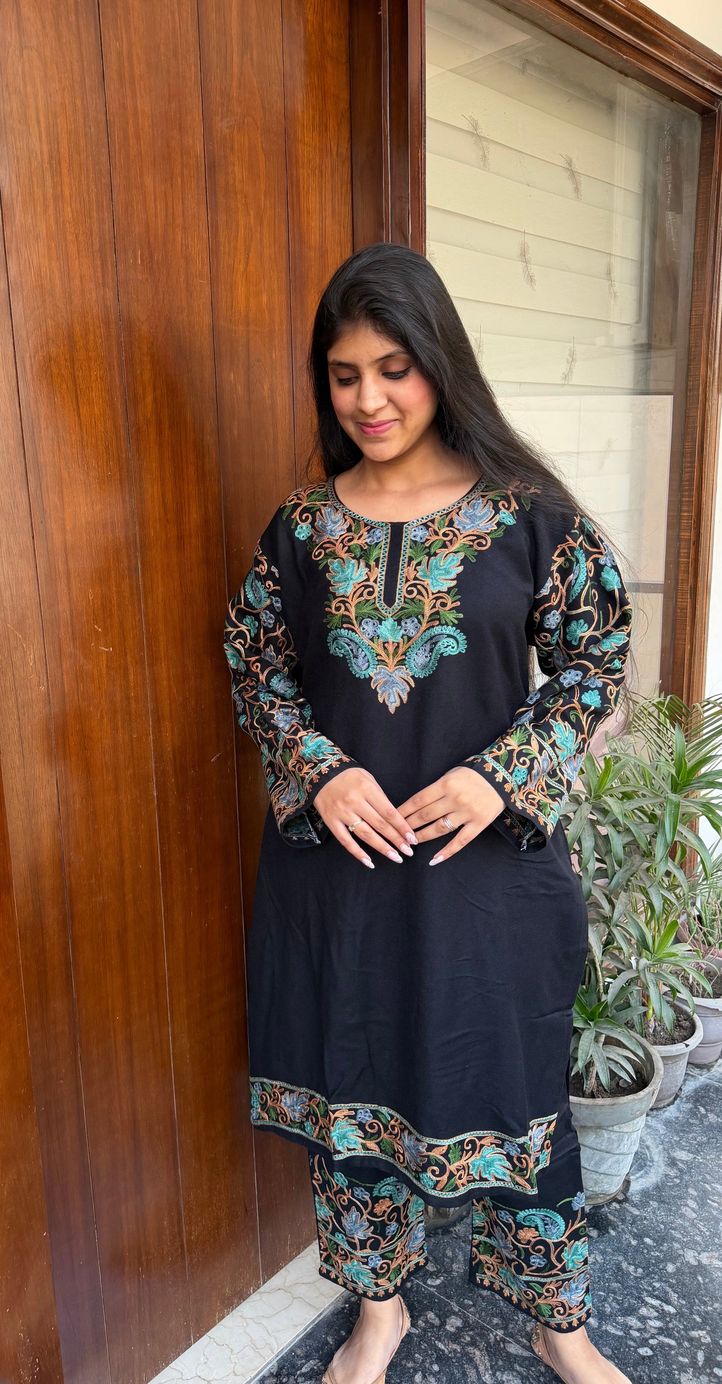 Pure wool hand embroidered aari work designer coord set