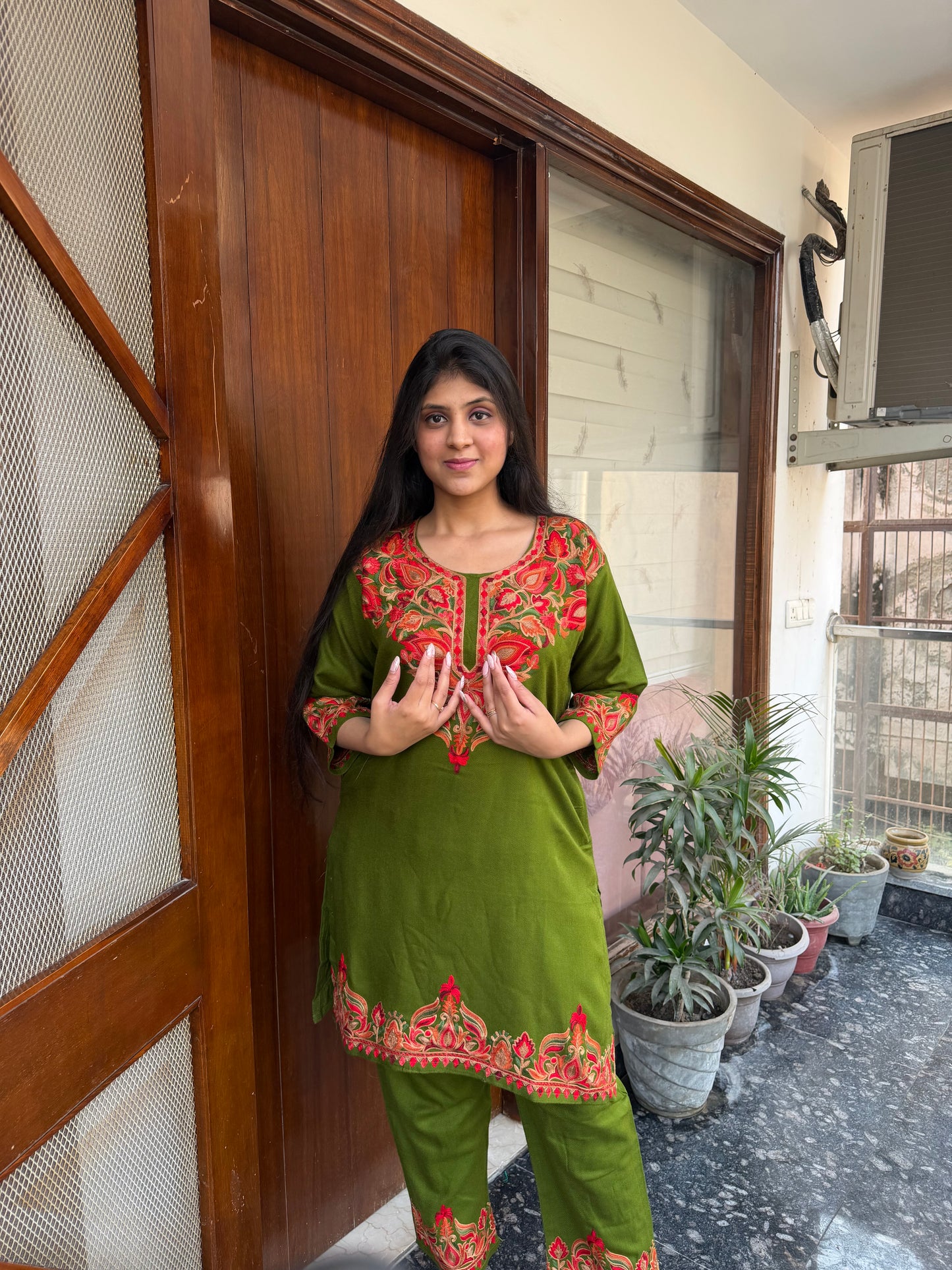 Pure wool hand embroidered aari work designer coord set