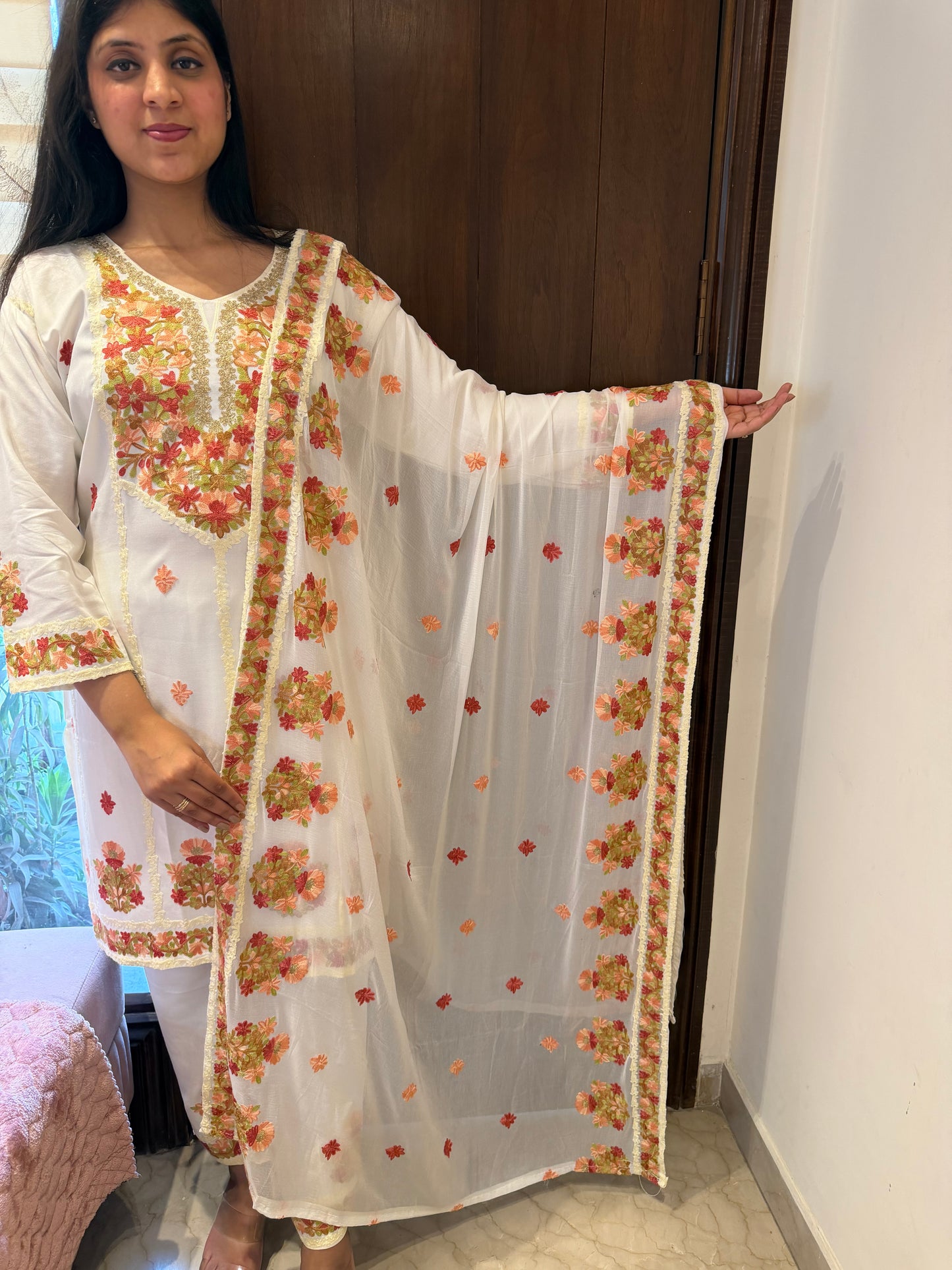 Designer Aari Embroidered Suit Set for Women – 3 Piece Kurta, Pant & Dupatta