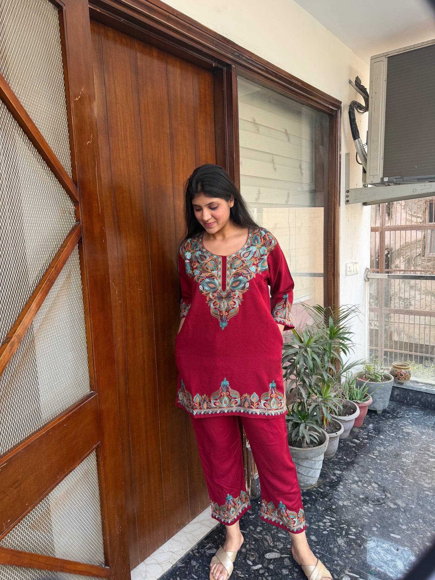 Pure wool hand embroidered aari work designer coord set