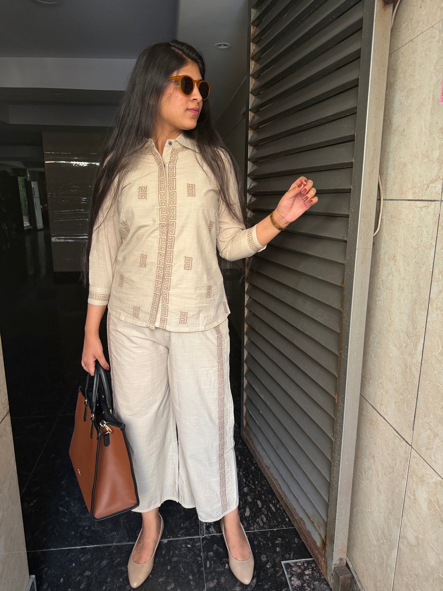 Linen embroidered coord set with wide leg pants
