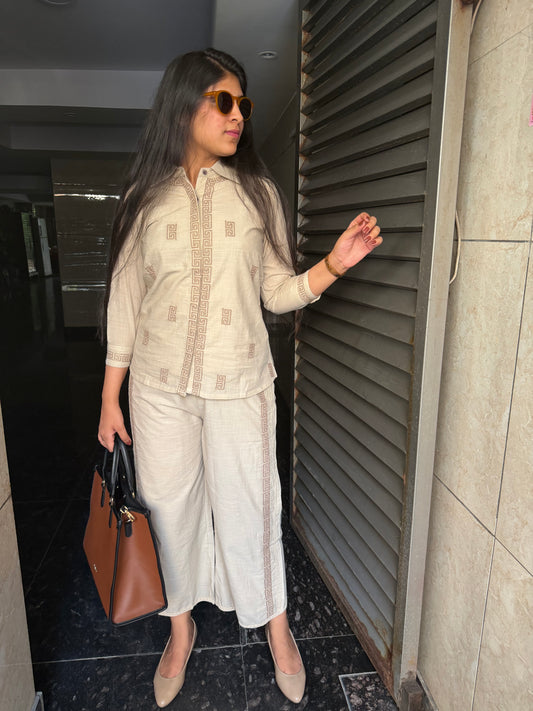 Linen embroidered coord set with wide leg pants