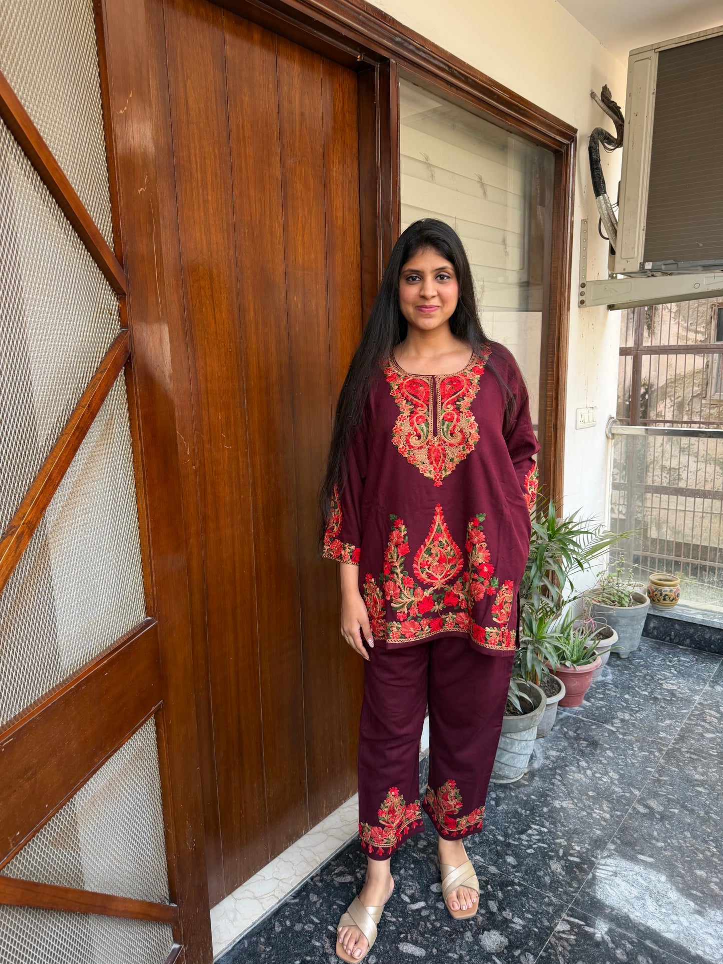 Pure wool hand embroidered aari work designer coord set