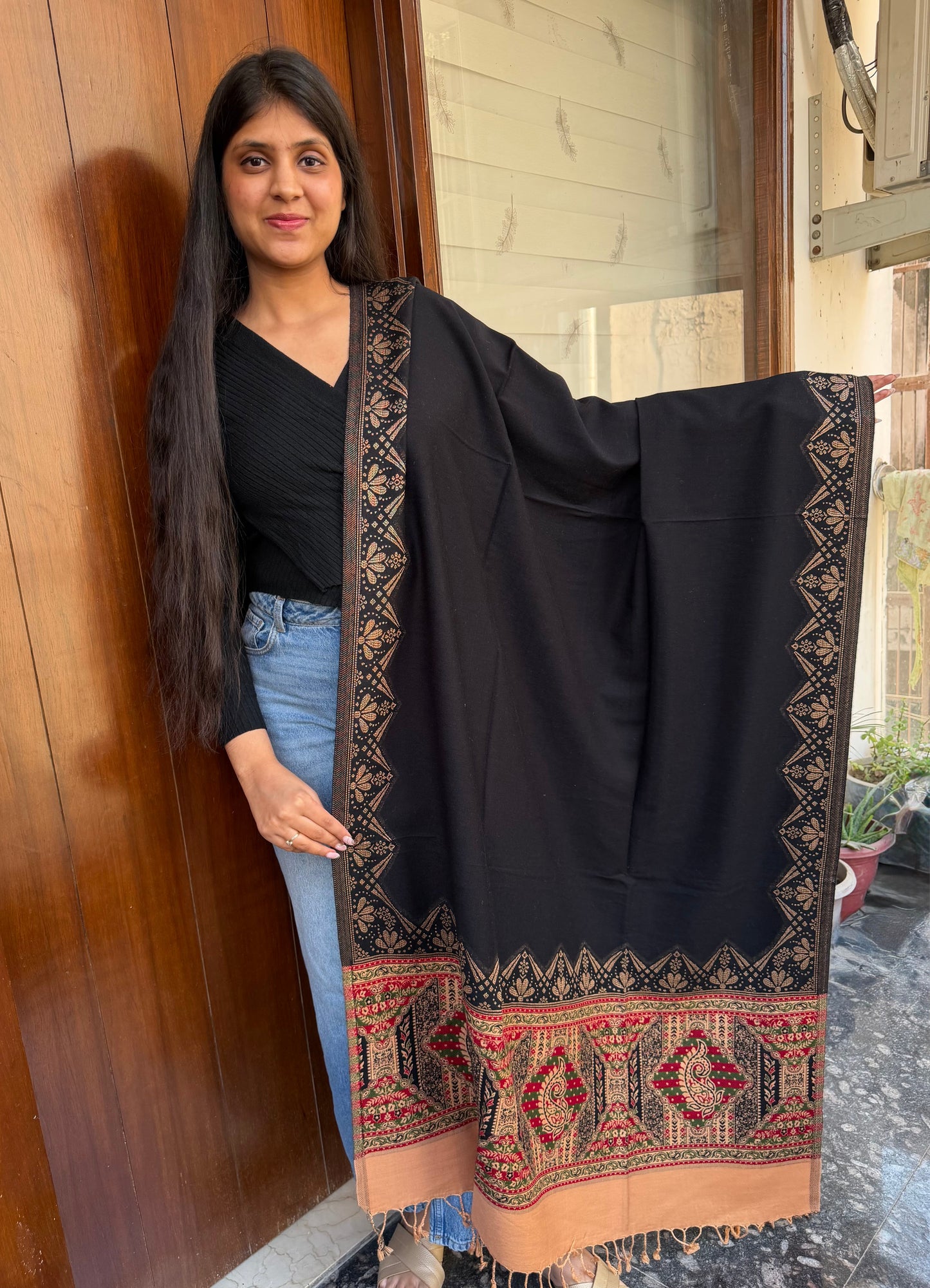 BLACK ETHNIC PUREWOOL DESIGNER SHAWL