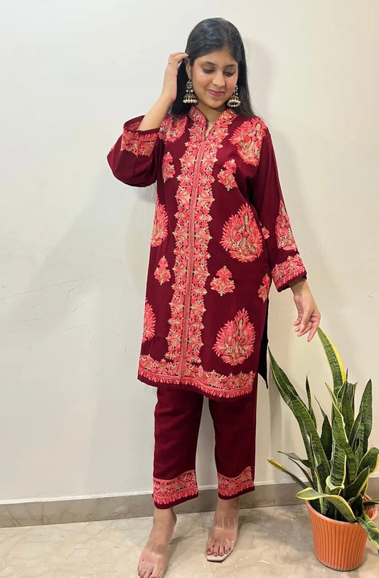 Pashmina hand embroidered designer  coord set with aari work