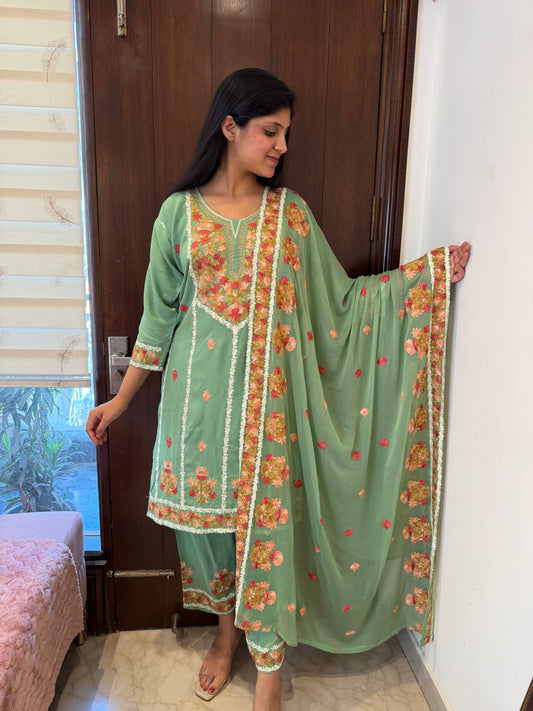 Designer Aari Embroidered Suit Set for Women – 3 Piece Kurta, Pant & Dupatta