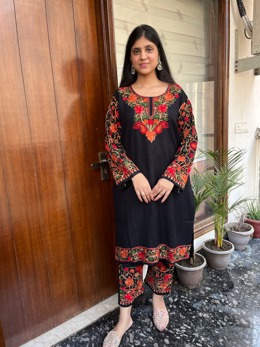 Pure cashmillon hand embroidered aari work coord set