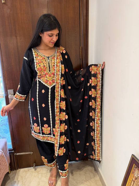Designer Aari Embroidered Suit Set for Women – 3 Piece Kurta, Pant & Dupatta