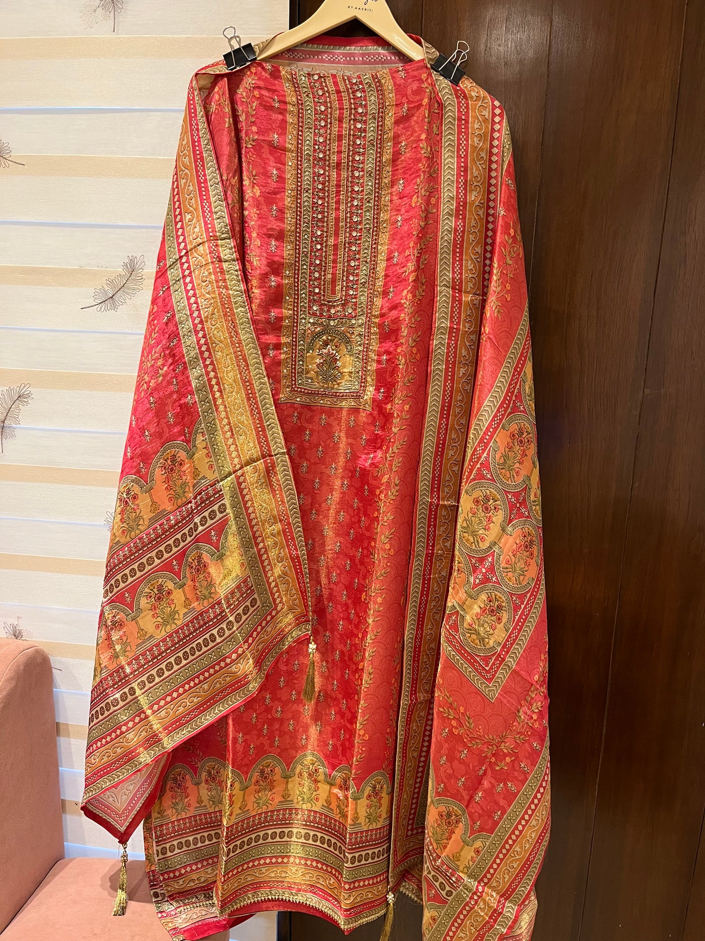 Shimmer silk suit with digital dupatta and hand work