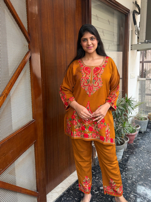 Pure wool hand embroidered aari work designer coord set