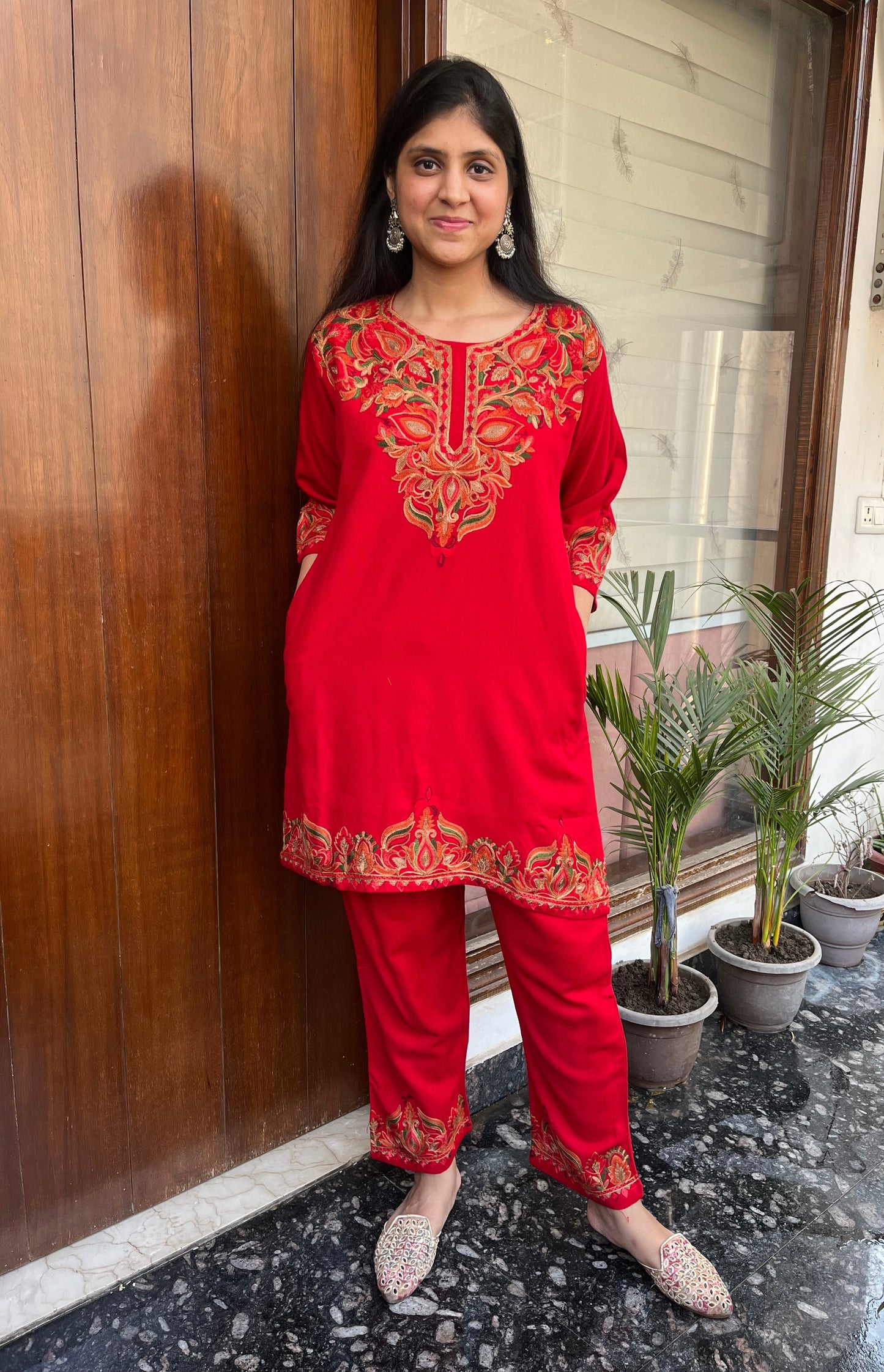 Pure wool hand embroidered aari work designer coord set