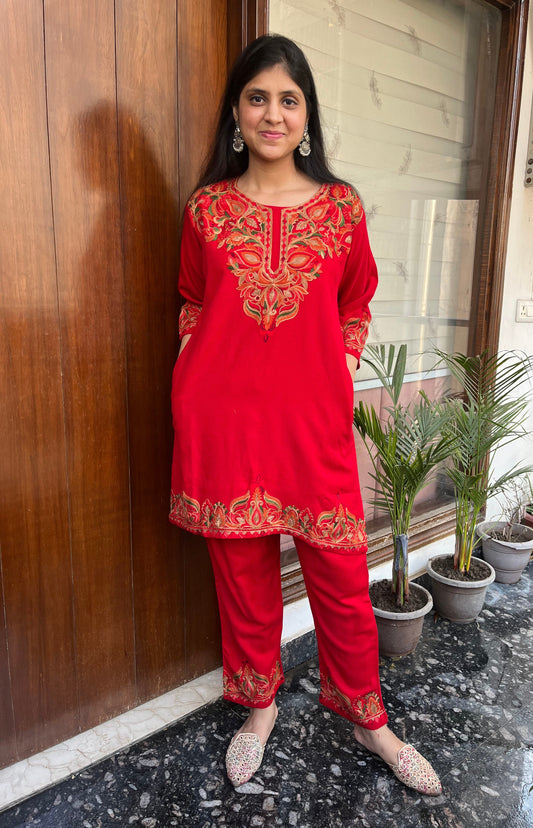 Pure cashmillon hand embroidered aari work coord set