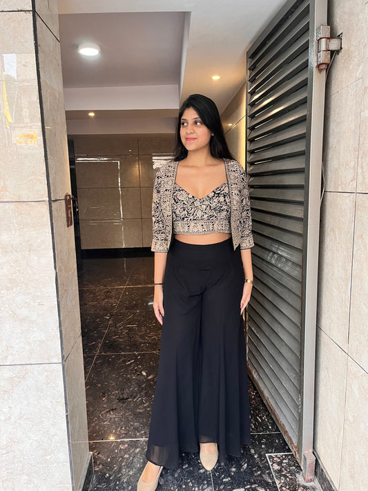 Party wear black sharara set with hand embellished jacket