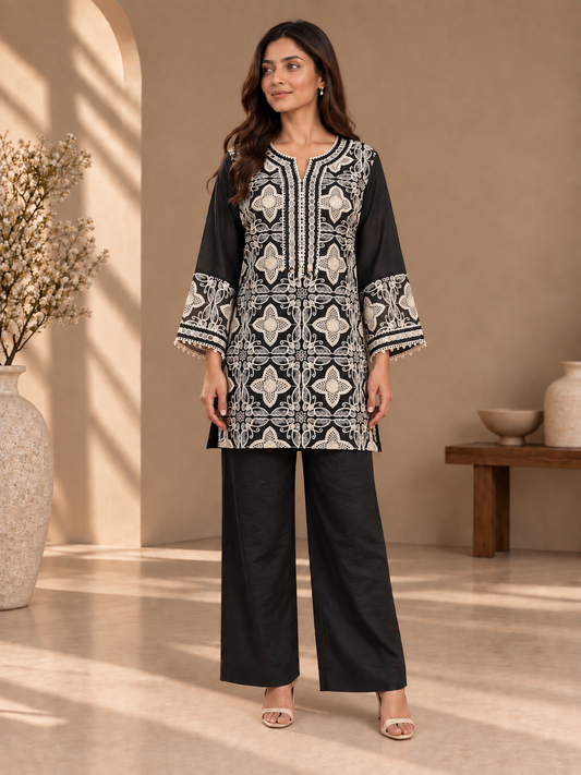 Designer black Hand Embroidered Coord Set