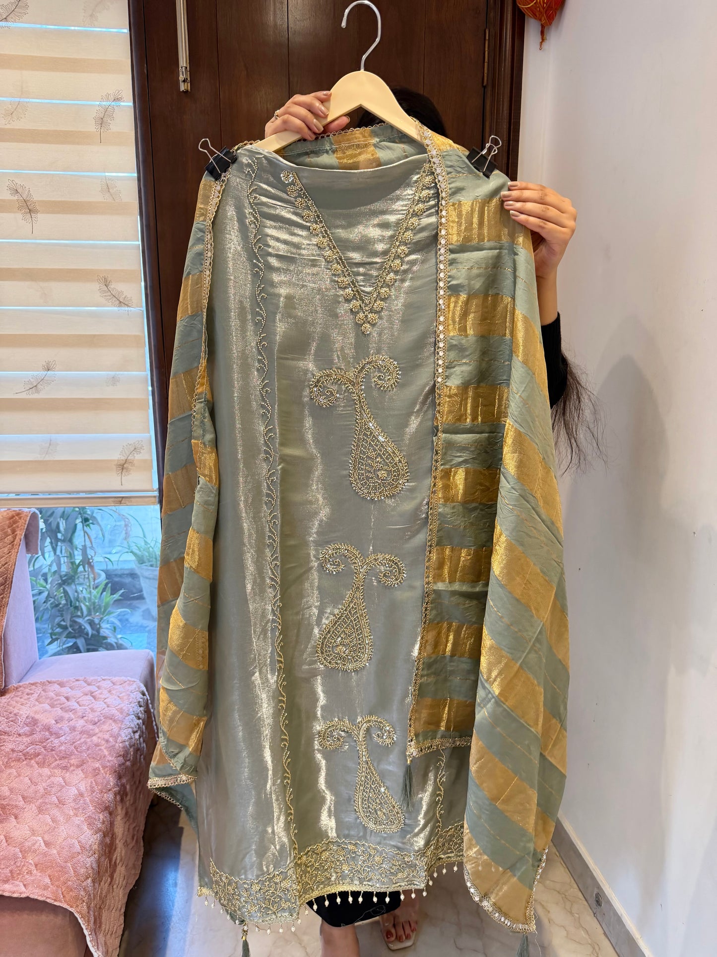 `Maisha’ Glass silk designer 3 piece suit set with handwork