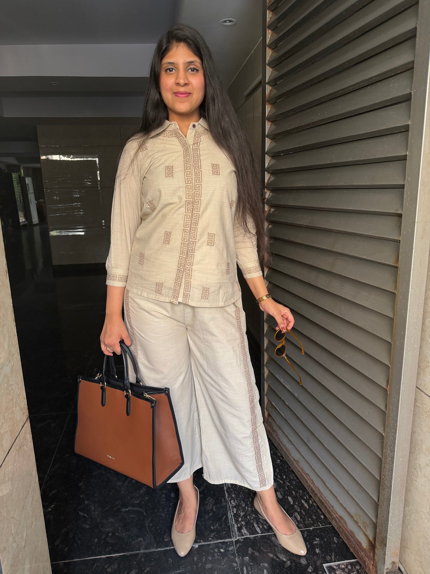 Linen embroidered coord set with wide leg pants