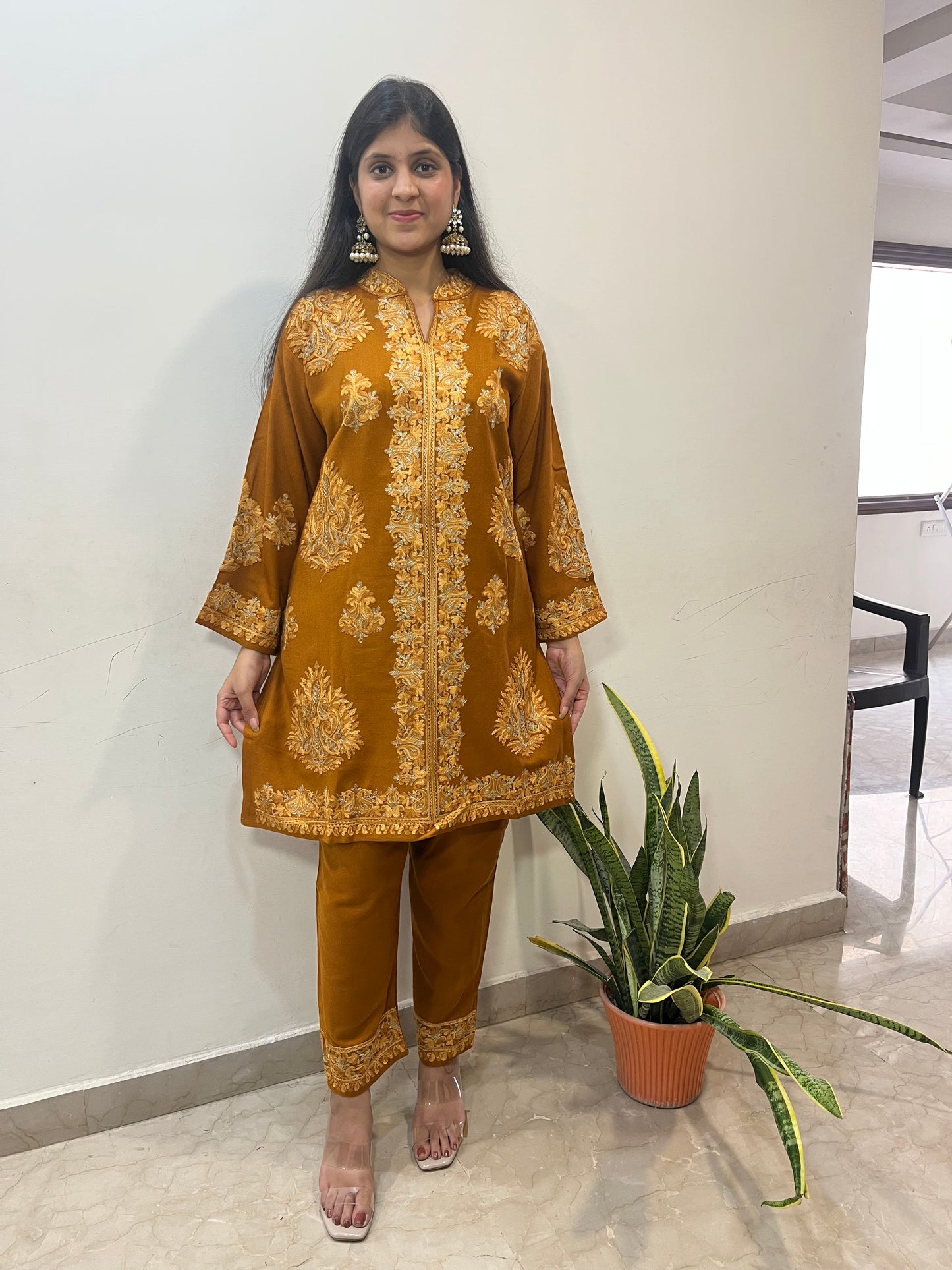 Pashmina hand embroidered designer  coord set with aari work