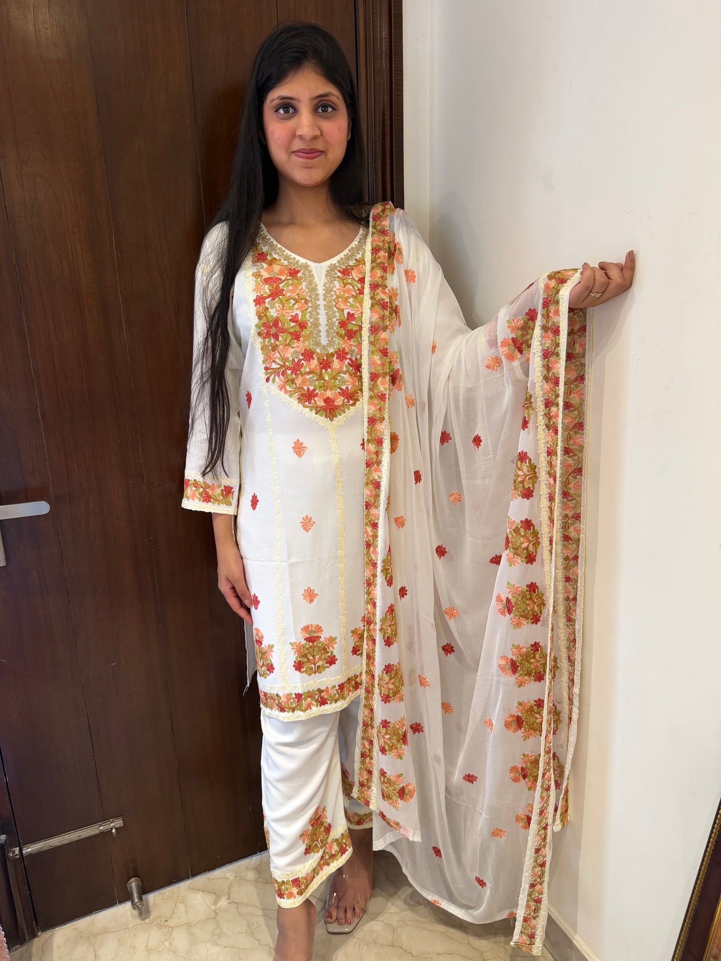Designer Aari Embroidered Suit Set for Women – 3 Piece Kurta, Pant & Dupatta
