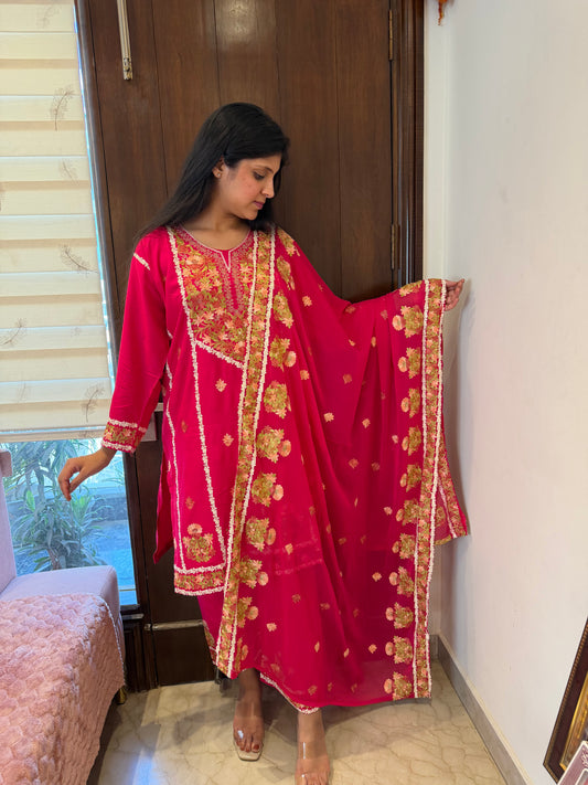 Designer Aari Embroidered Suit Set for Women – 3 Piece Kurta, Pant & Dupatta