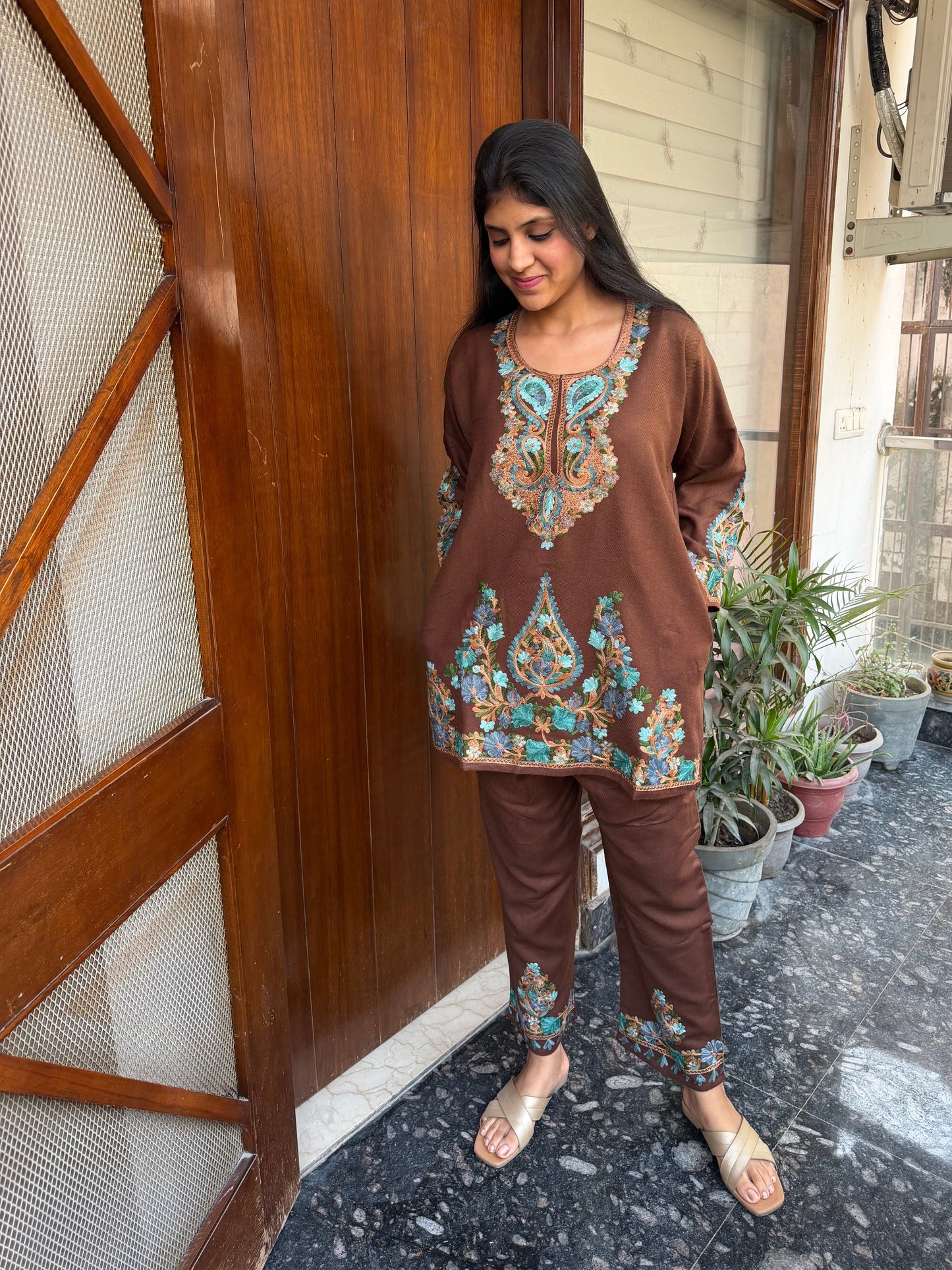 Pure wool hand embroidered aari work designer coord set