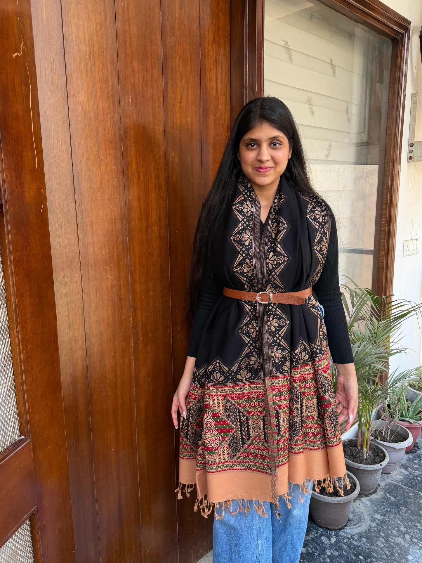 BLACK ETHNIC PUREWOOL DESIGNER SHAWL