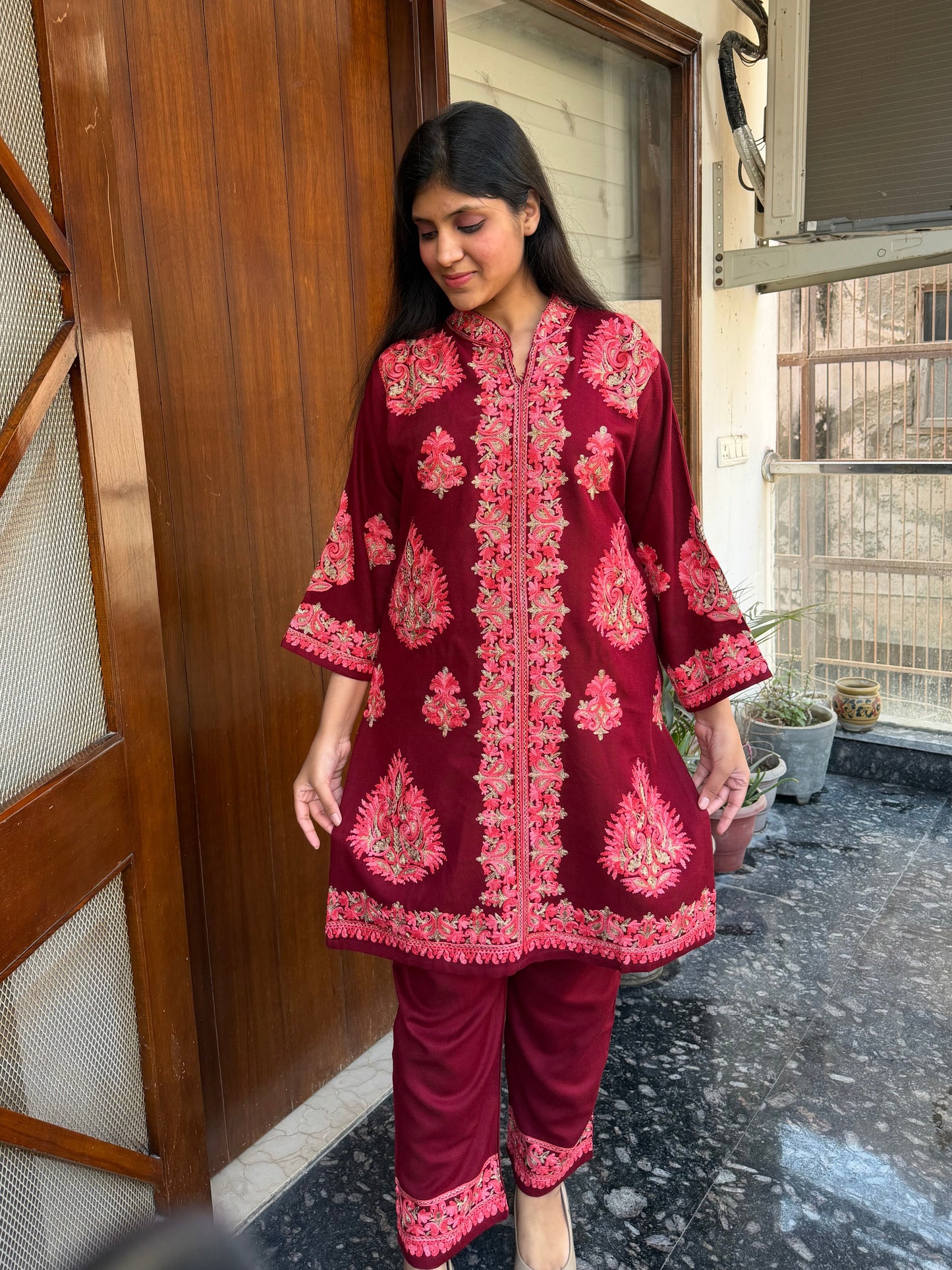 Pashmina hand embroidered designer coord set with aari work