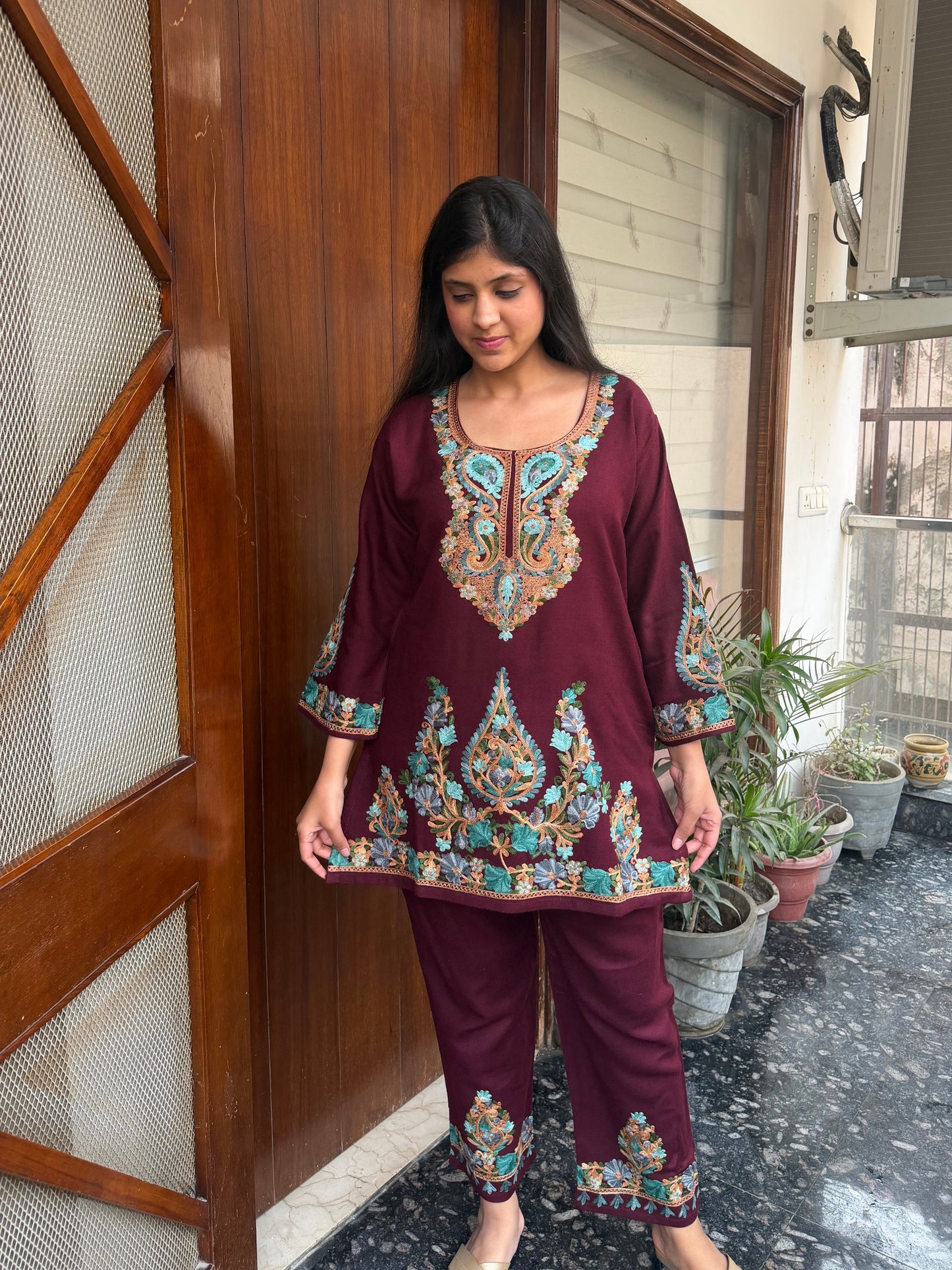 Pure wool hand embroidered aari work designer coord set