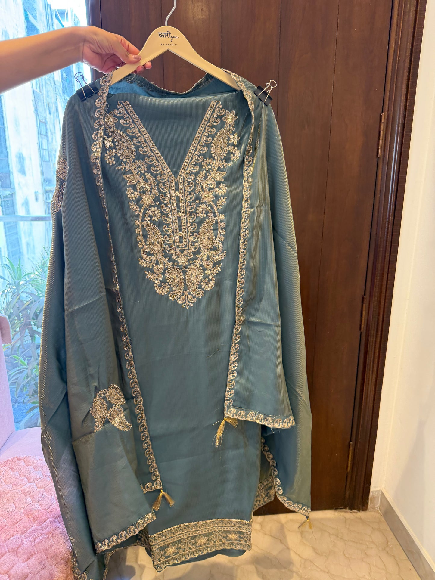 Designer 3 piece women wear shimmer silk suit set