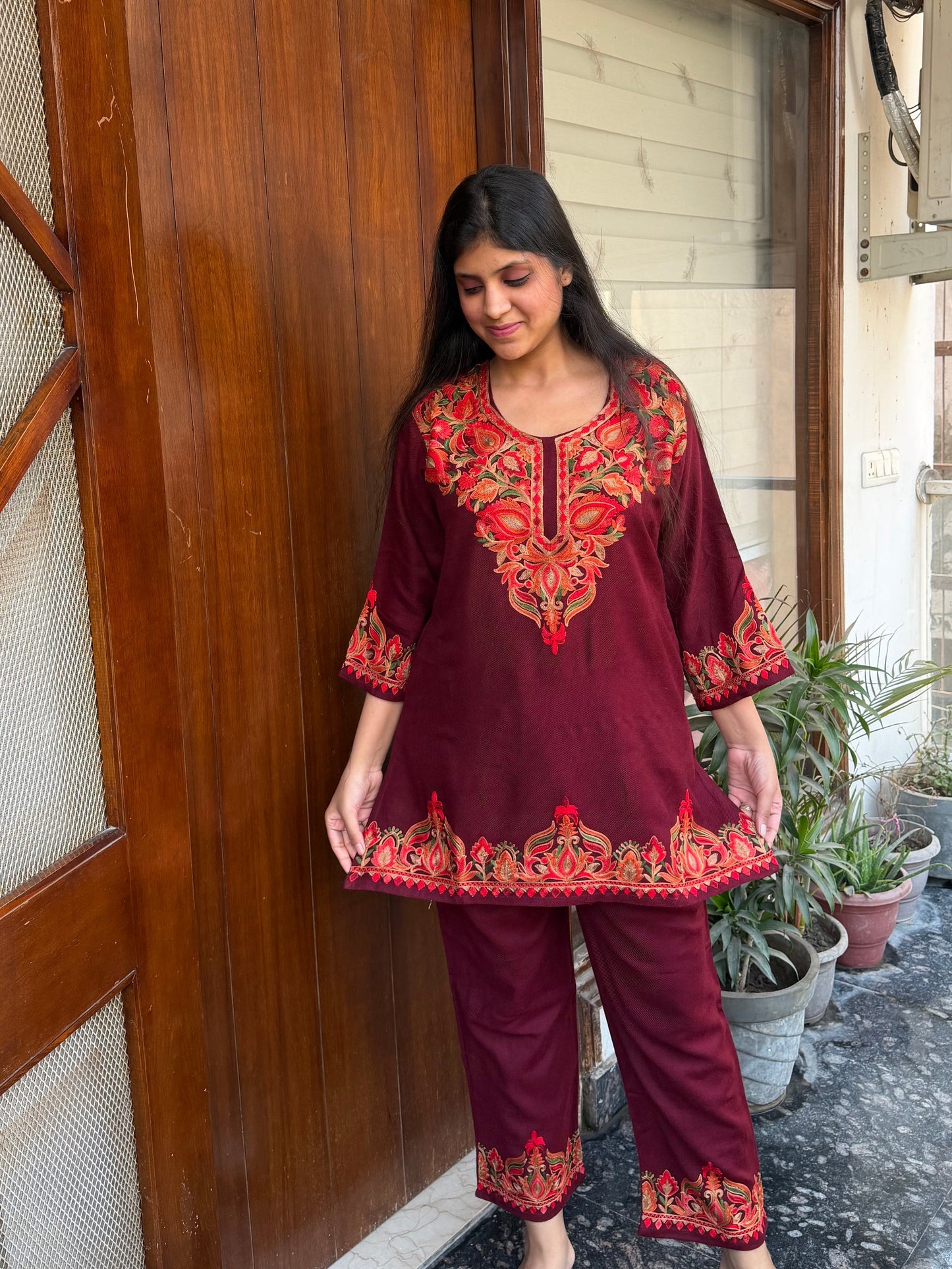 Pure wool hand embroidered aari work designer coord set