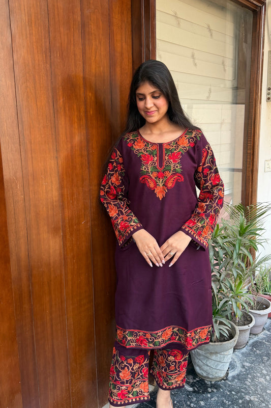 Pure wool hand embroidered aari work designer coord set