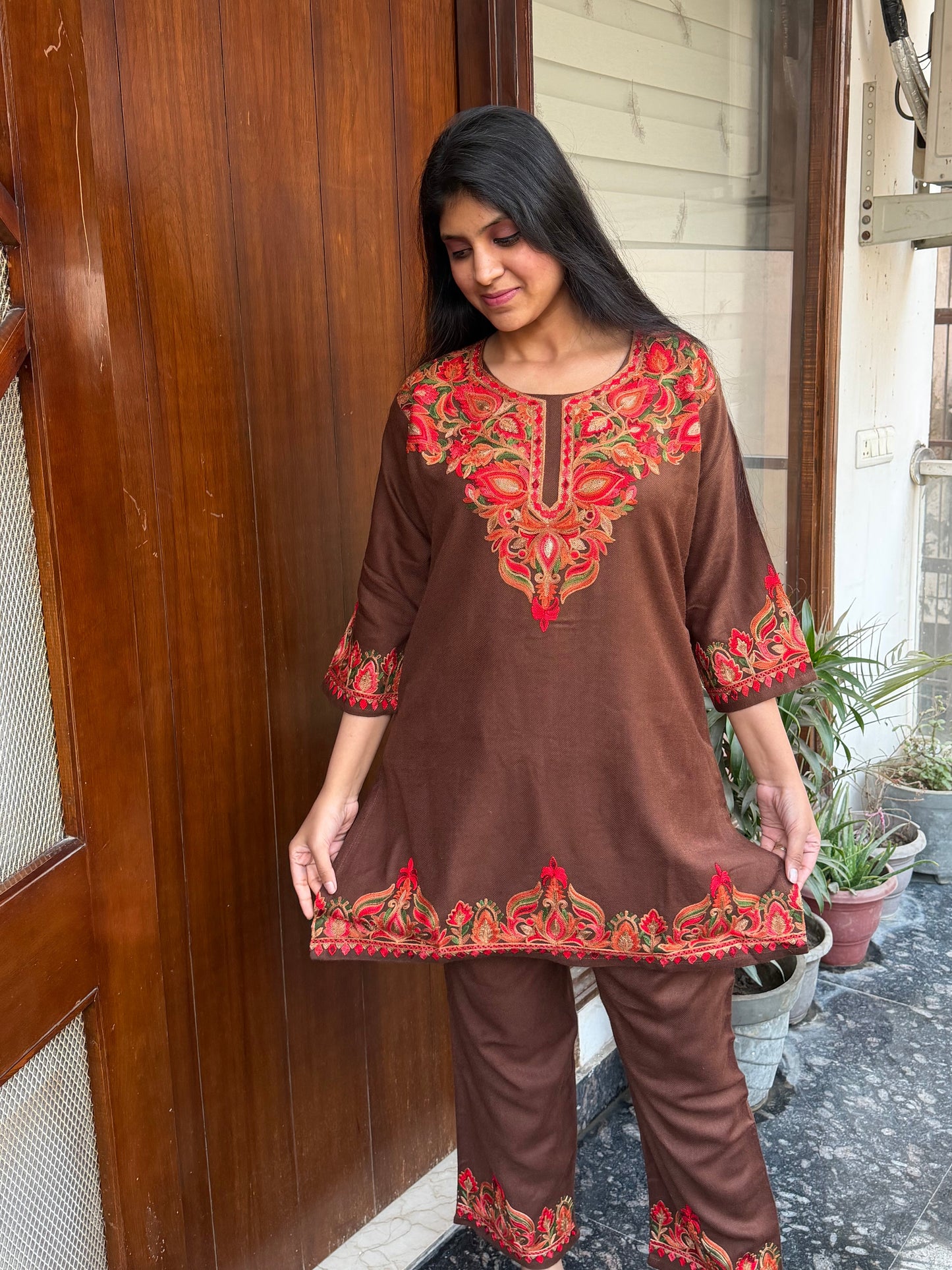 Pure wool hand embroidered aari work designer coord set