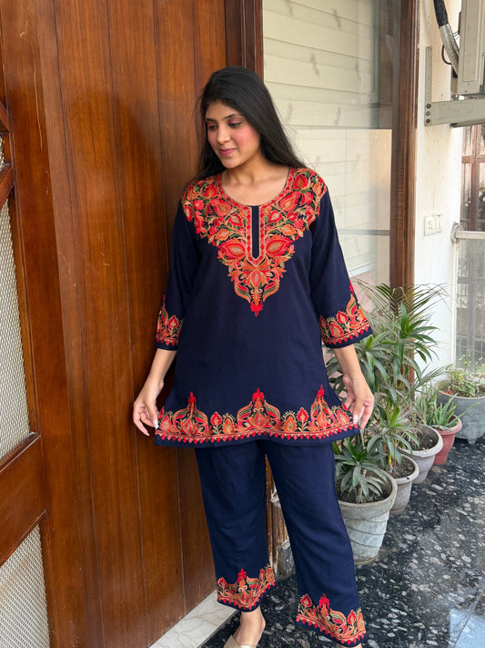 Pure wool hand embroidered aari work designer coord set