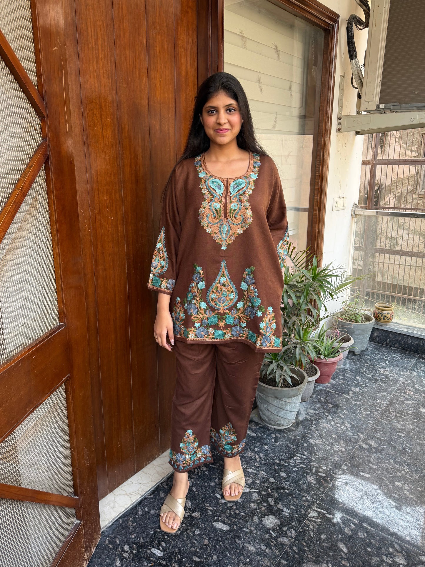 Pure wool hand embroidered aari work designer coord set