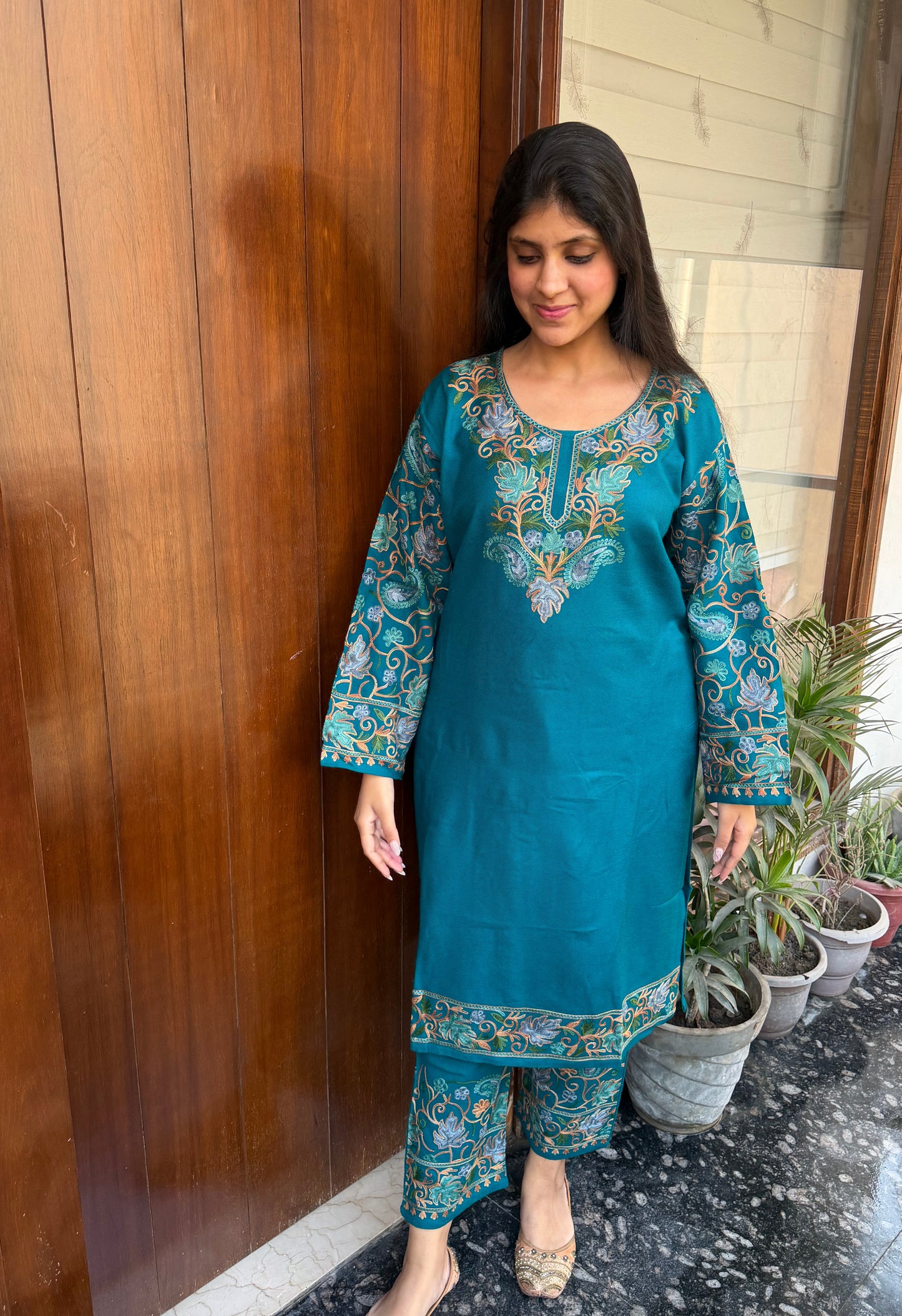 Pure wool hand embroidered aari work designer coord set