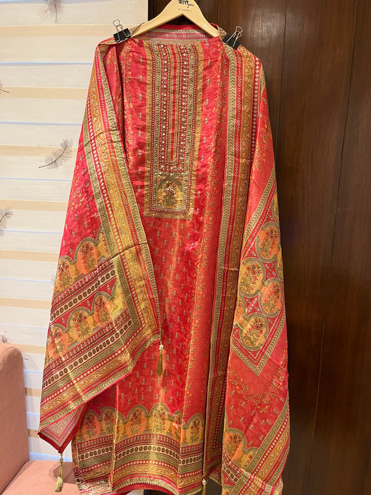 Shimmer silk suit with digital dupatta and hand work