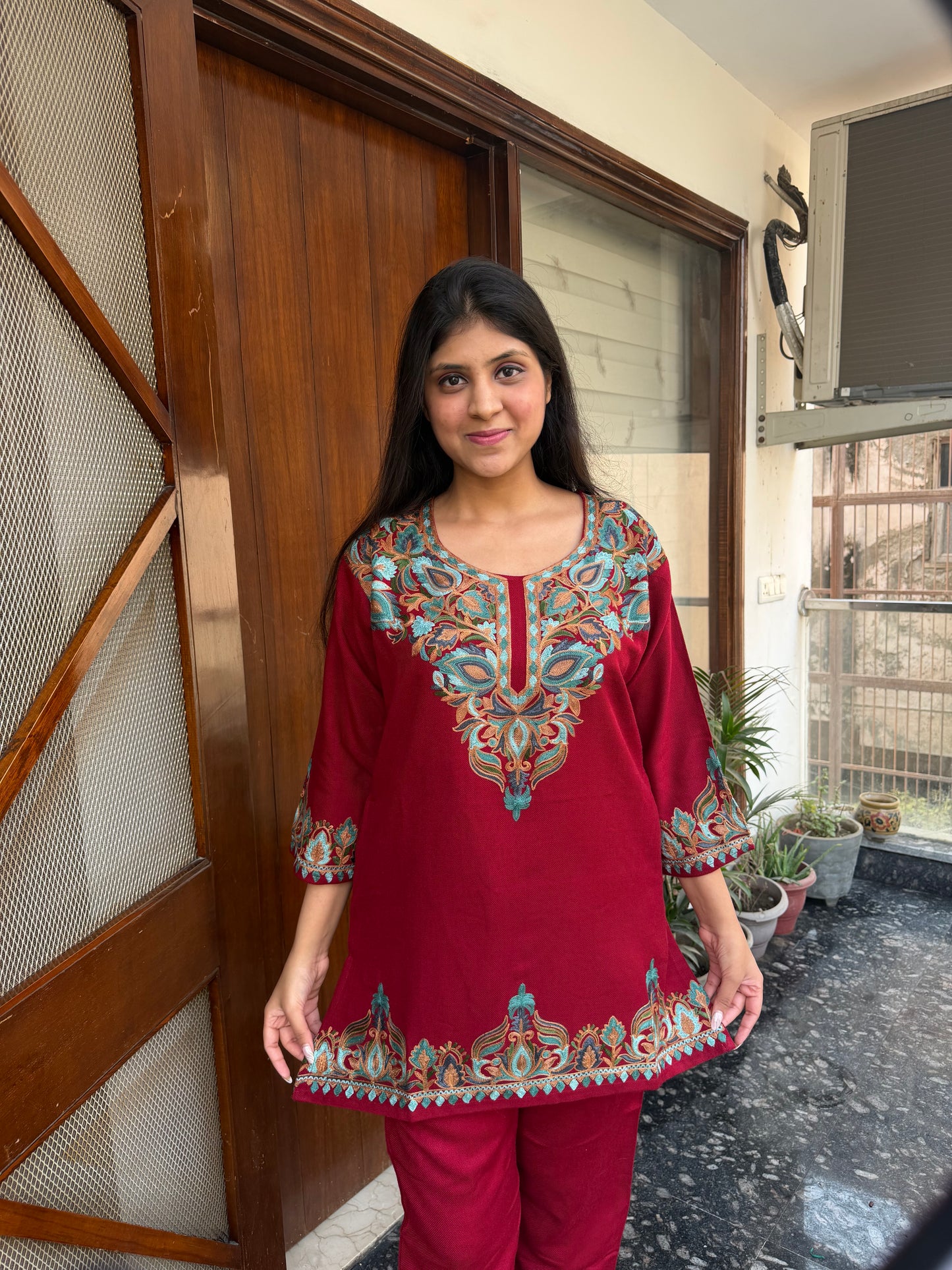 Pure wool hand embroidered aari work designer coord set