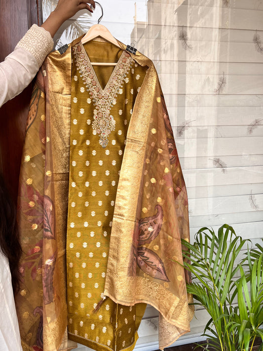 Banarasi silk suit with organza dupatta with hand work