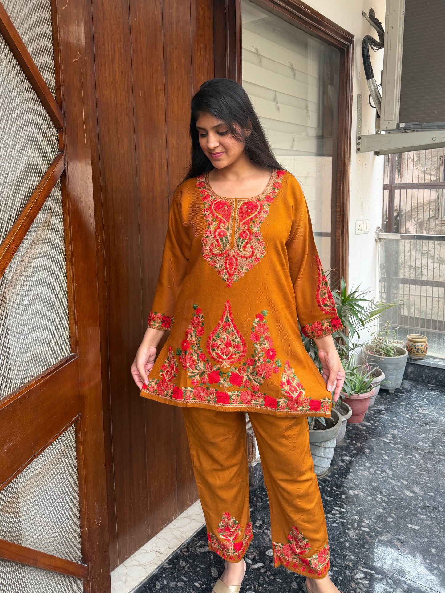 Pure wool hand embroidered aari work designer coord set