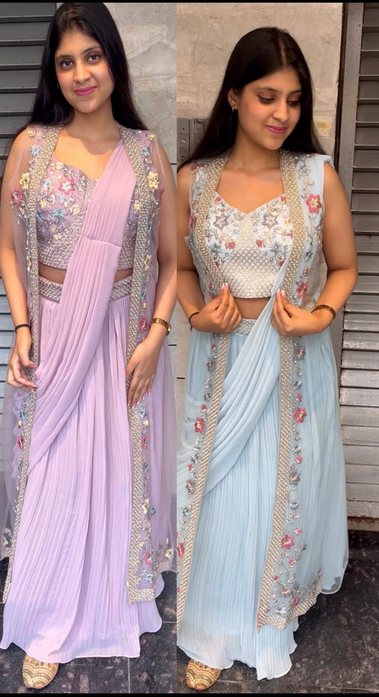 Designer cape set with crop top and skirt
