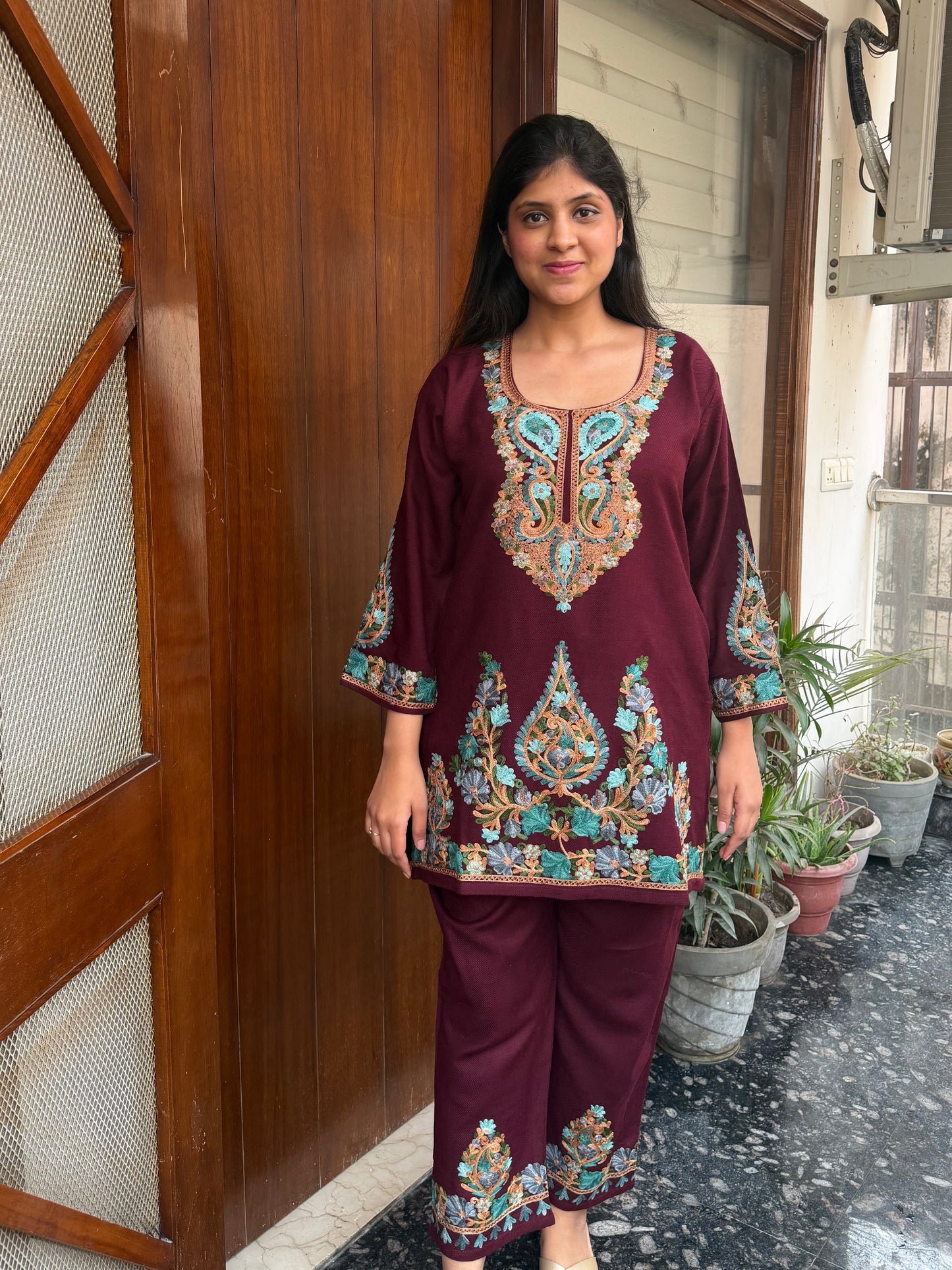 Pure wool hand embroidered aari work designer coord set