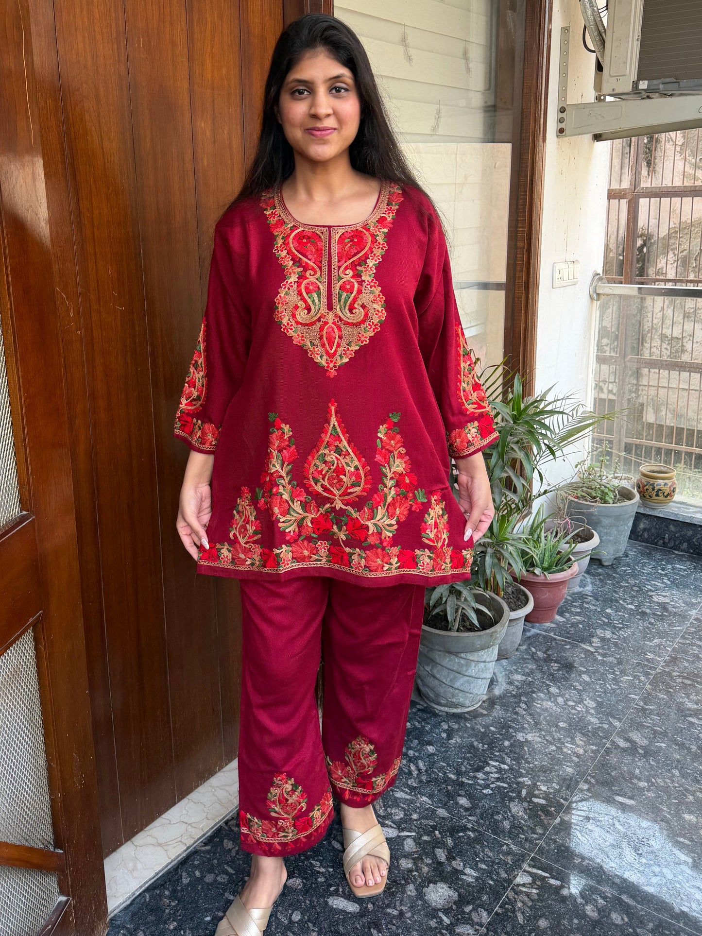 Pure wool hand embroidered aari work designer coord set