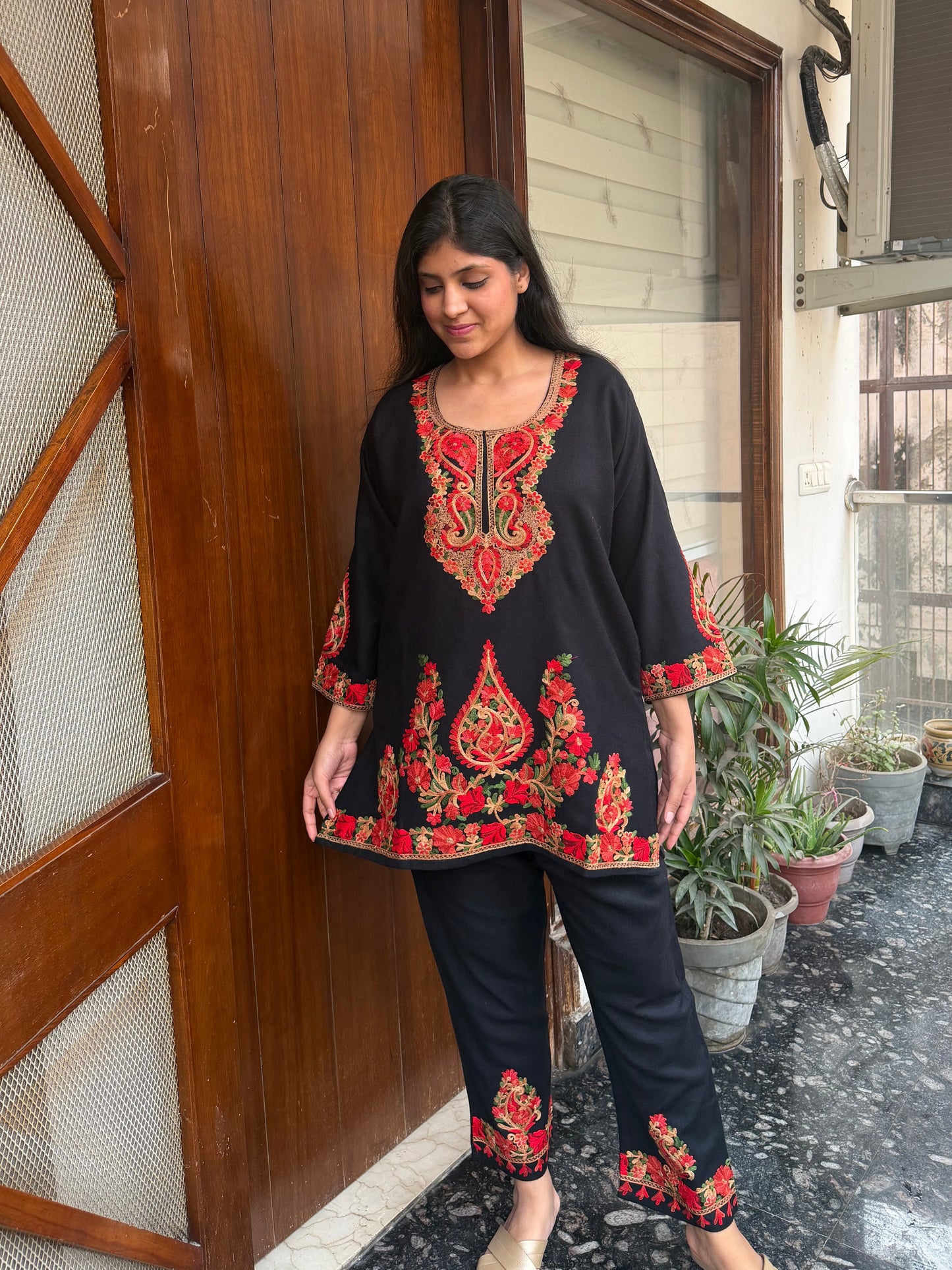 Pure wool hand embroidered aari work designer coord set