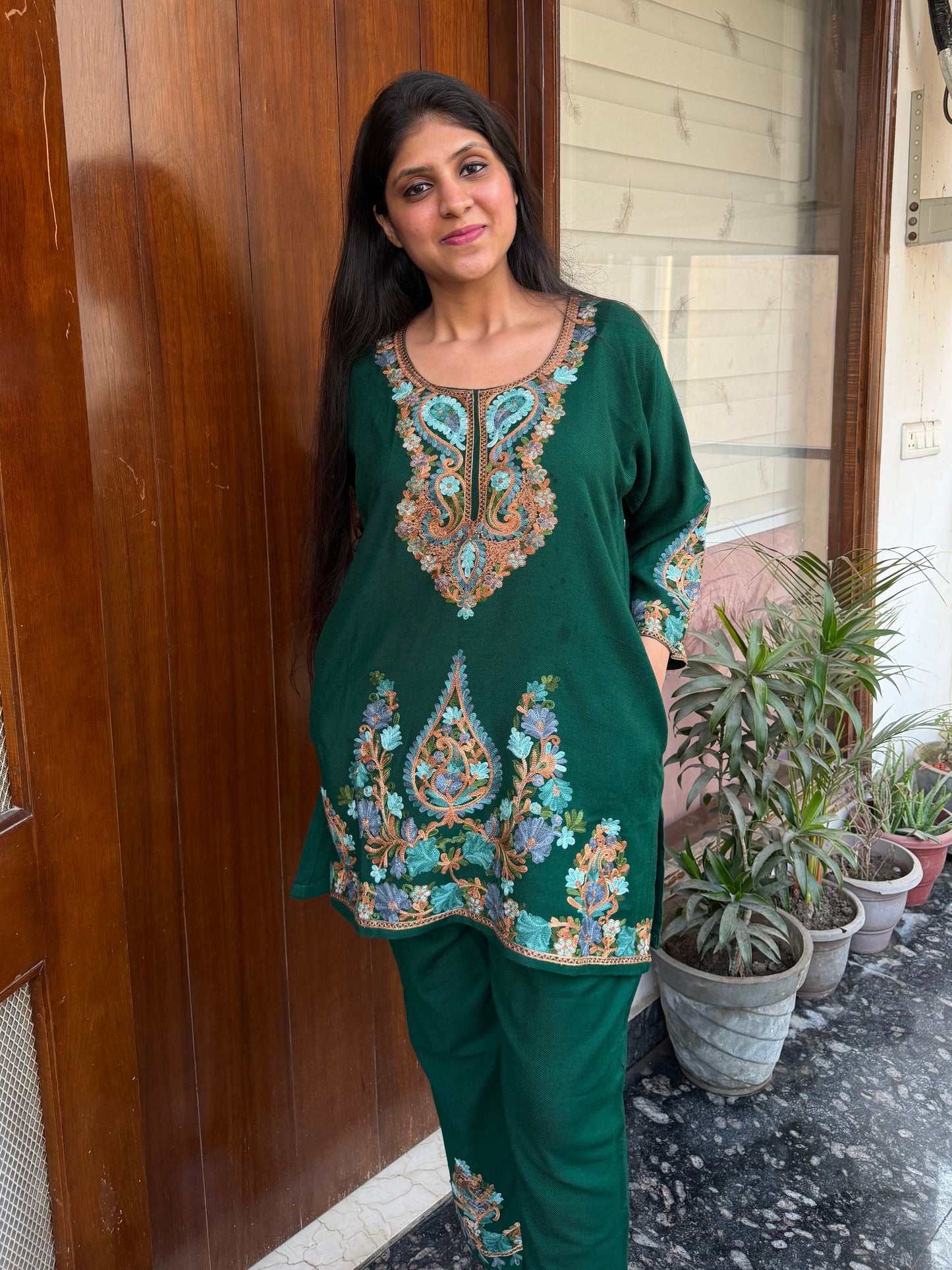 Pure wool hand embroidered aari work designer coord set