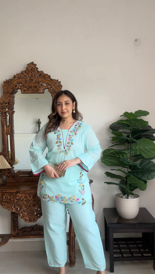 Cotton Co-ord Set for Women – Hand Embellished Mirror Work Kurta Set