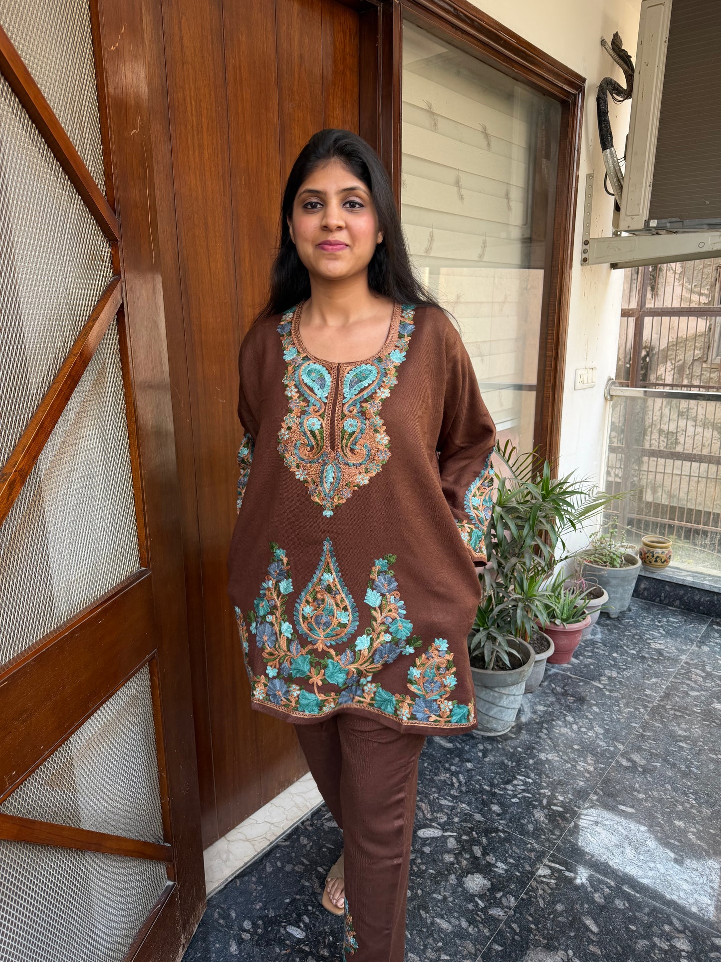 Pure wool hand embroidered aari work designer coord set