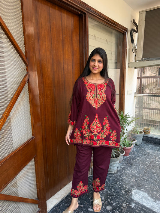 Pure wool hand embroidered aari work designer coord set